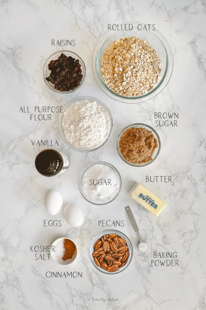Ingredients labeled and needed to make oatmeal raisin cookies
