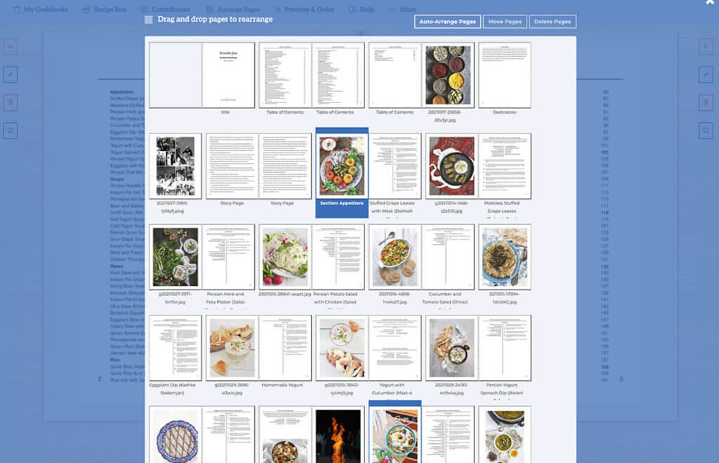 Screen shot of how to arrange cookbook pages using createmycookbook.com