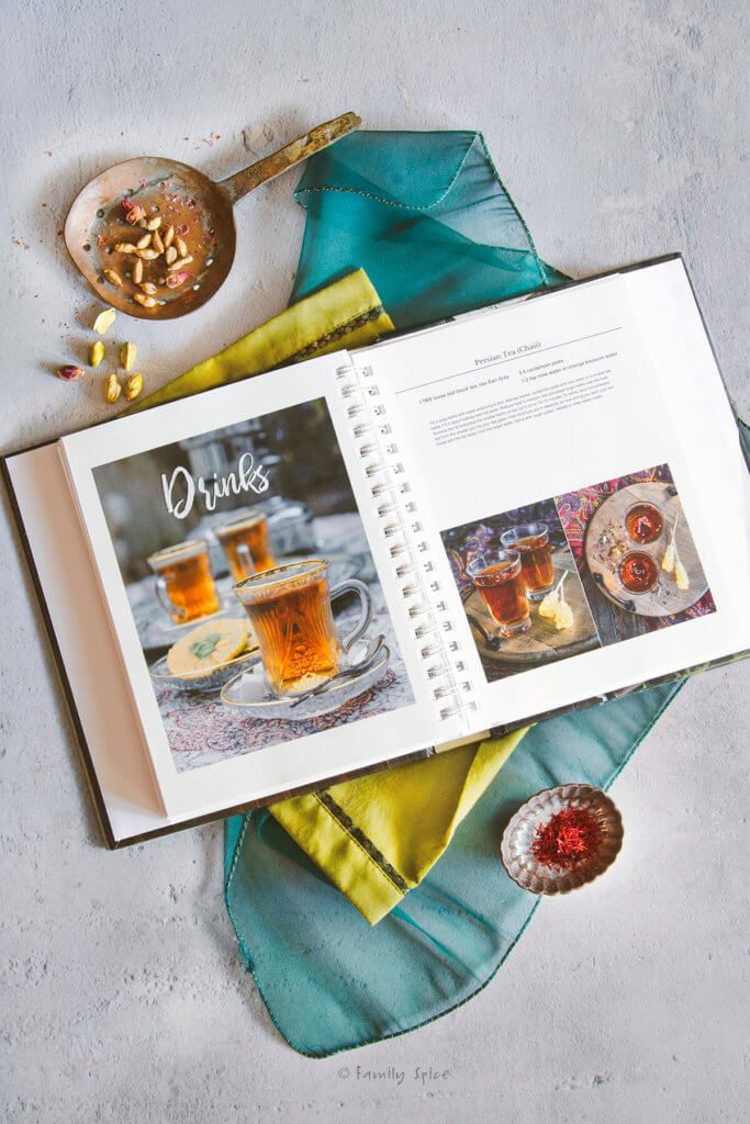 Picture inside page showing Persian tea from my persian cookbook that I created and printed online with various ingredients around it