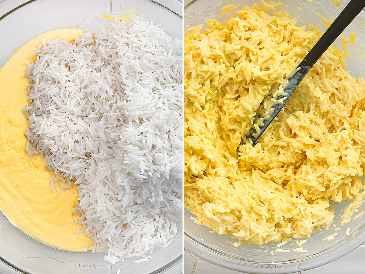 Two picture collage showing before and after mixing parboiled rice with saffron yogurt mix