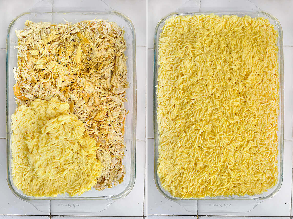 A collage of two pictures showing layering of rice and chicken to make Persian tahchin