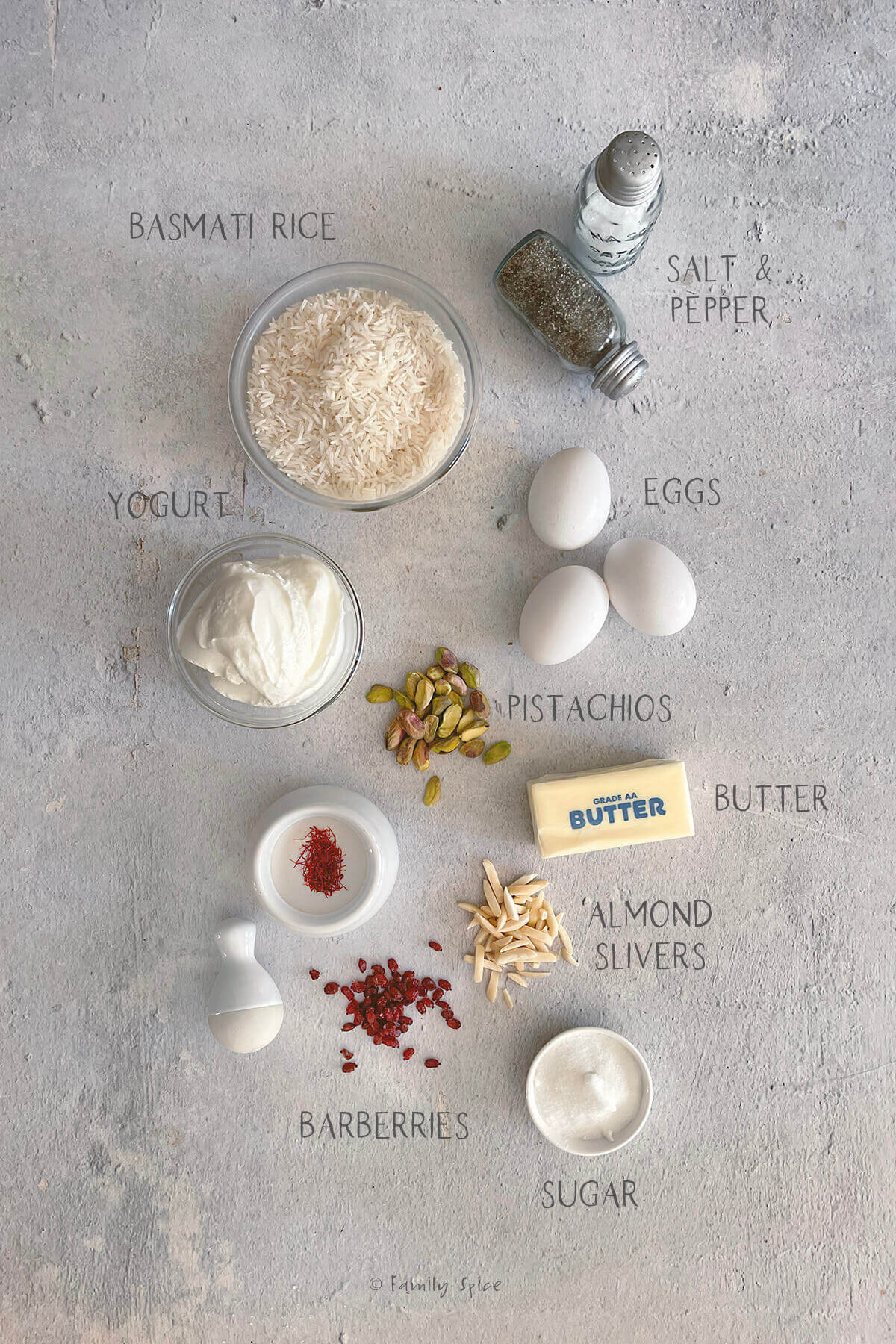 Ingredients labeled and needed to make Persian tahchin