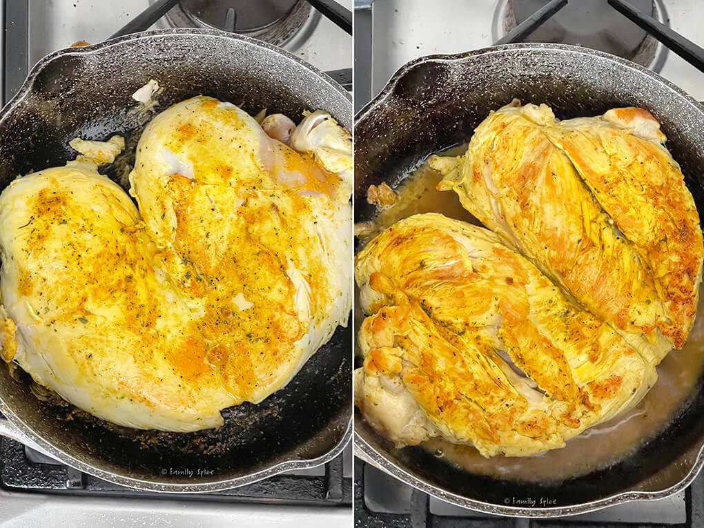 Collage of two pictures showing before and after cooking chicken breast with saffron and turmeric in a frying pan