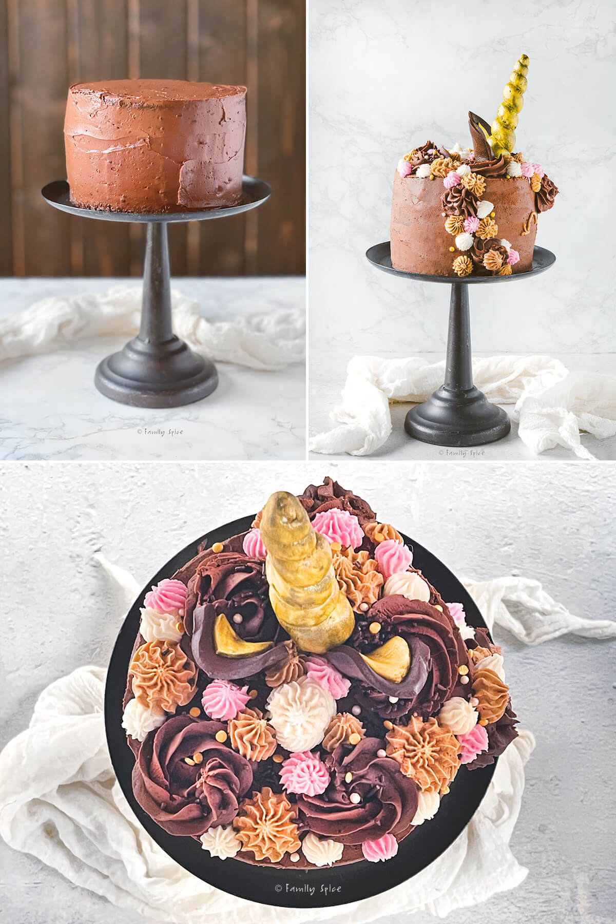Collage of 3 pictures showing how to decorate a chocolate unicorn cake.