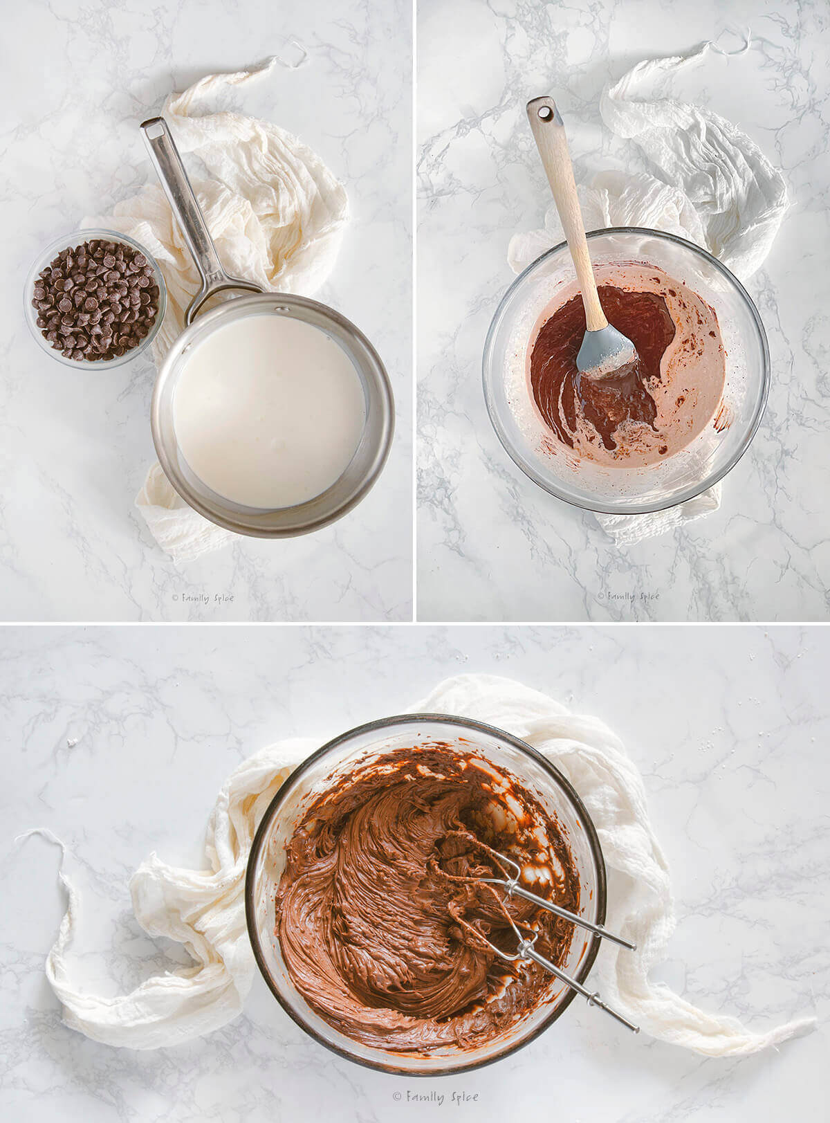 Collage of 3 pictures showing how to make chocolate ganache frosting.