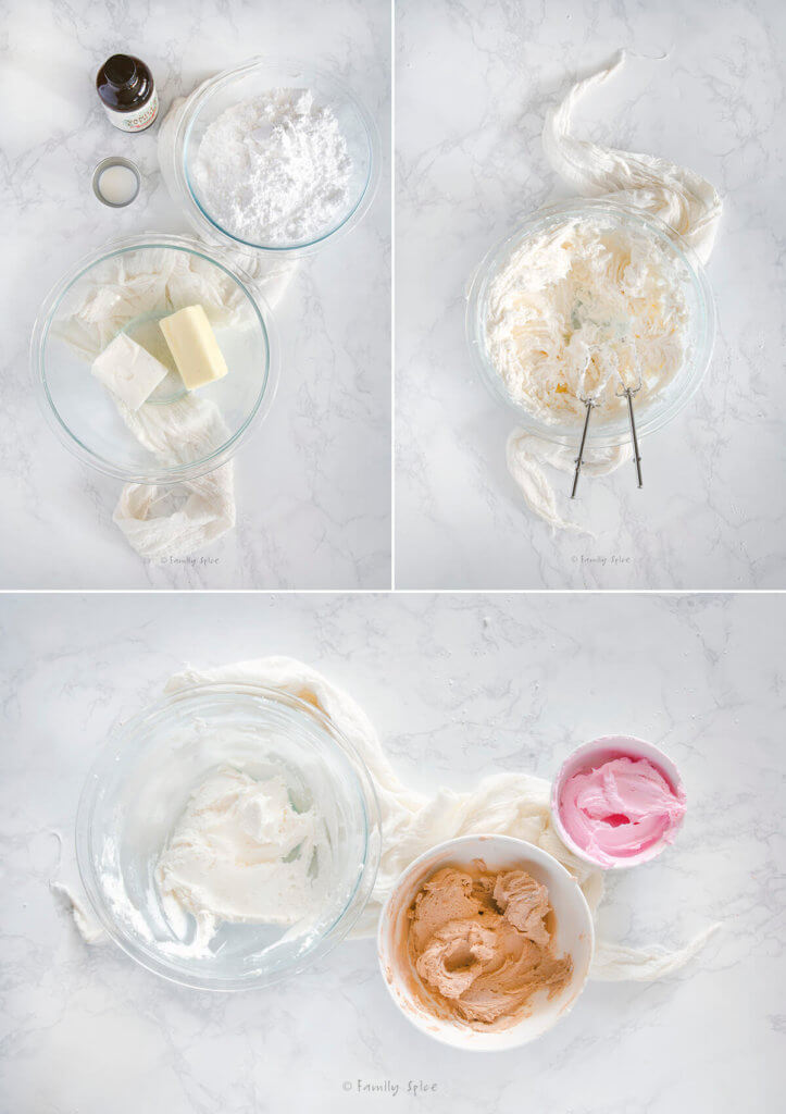 Collage of mixing up buttercream frosting in white, beige and pink