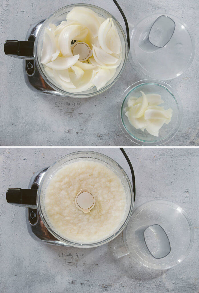 Two pictures showing before and after onions are puréed in the food processor