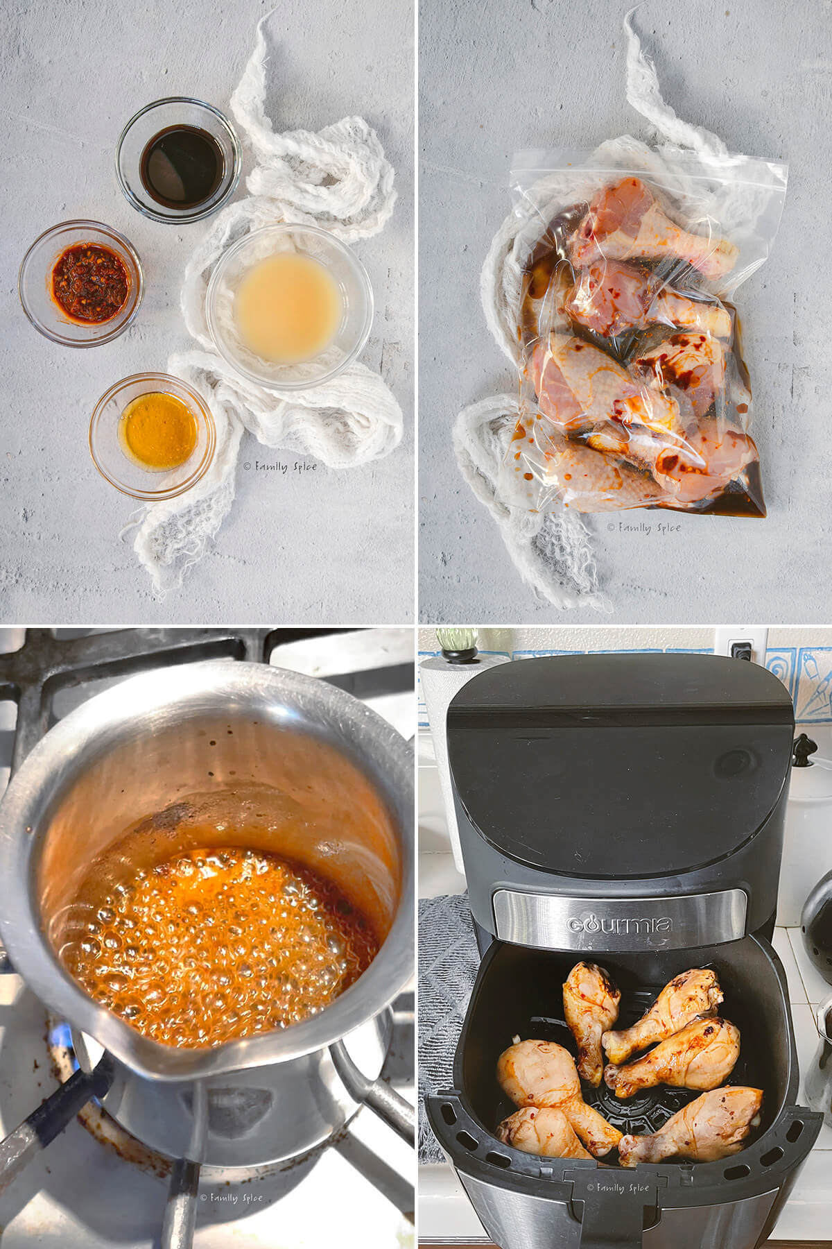 Collage of four pictures showing how to make air fryer drumsticks with chipotle glaze.