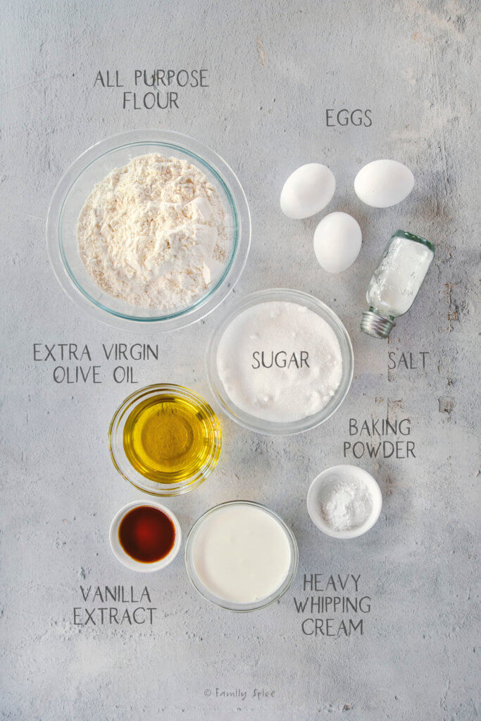 Ingredients labeled and needed to make vanilla cake without butter