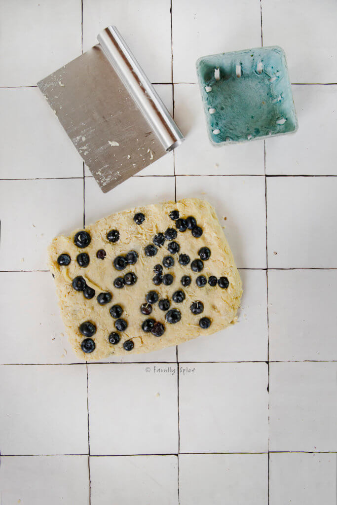 Fresh blueberries pressed into a rectangular sour cream scone dough