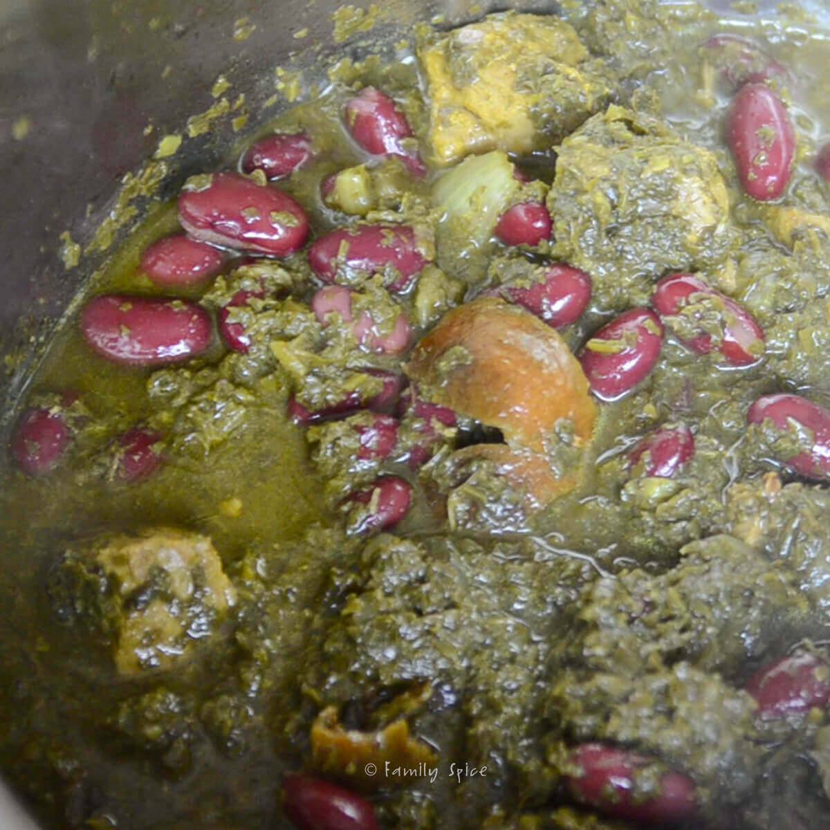 Closeup of gormeh sabzi in the the instant pot