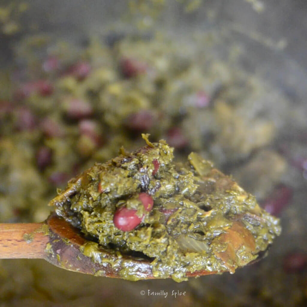 Closeup of a wooden spoon with a scoop of gormeh sabzi