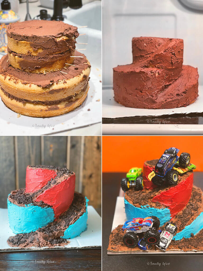 Collage showing how to assemble a monster truck cake