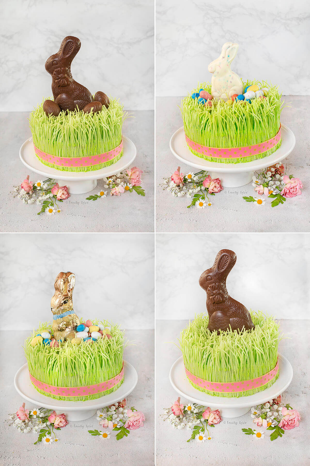 A collage of four Easter cakes with various bunnies