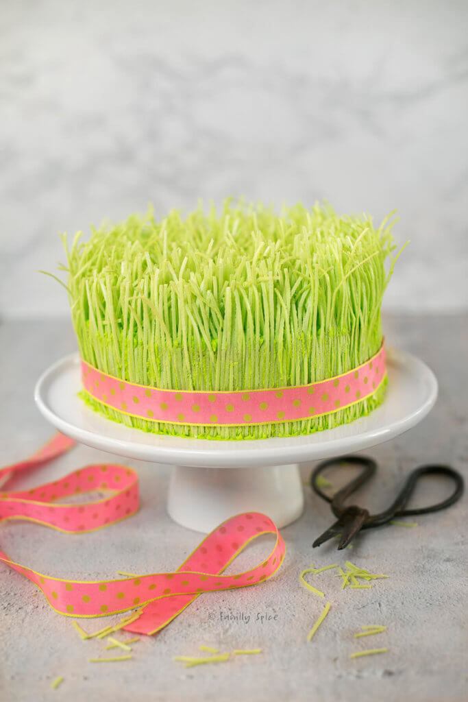 Wrapping a pink ribbon around an Easter grass cake