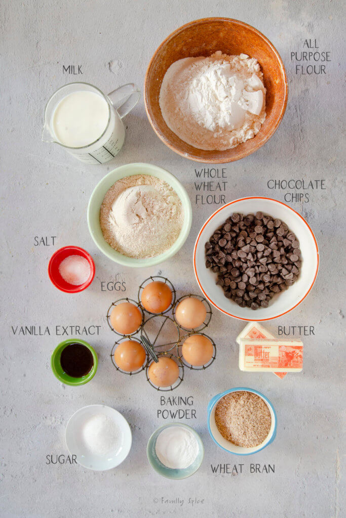 Ingredients labeled and needed to make chocolate chip waffles