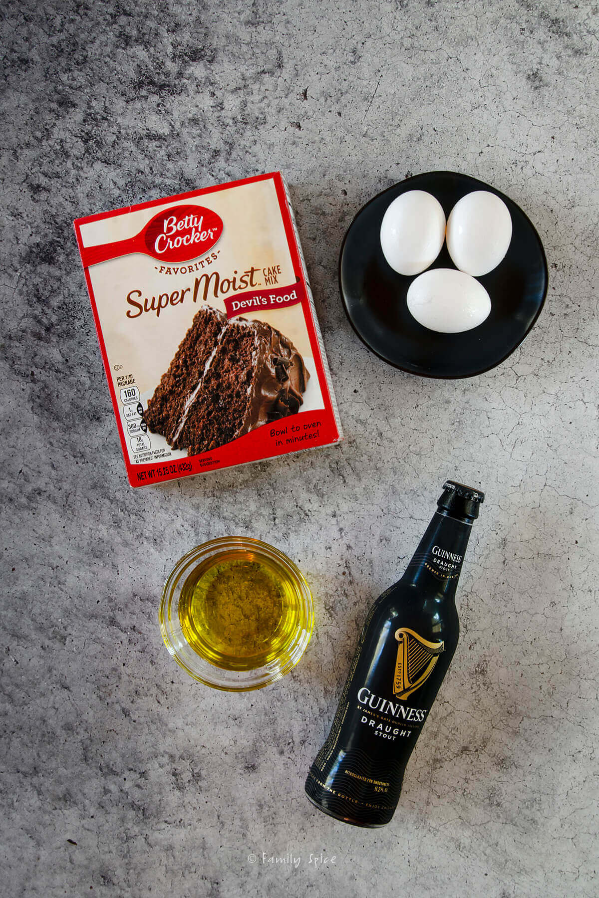 Ingredients needed to make box mix chocolate guinness cake