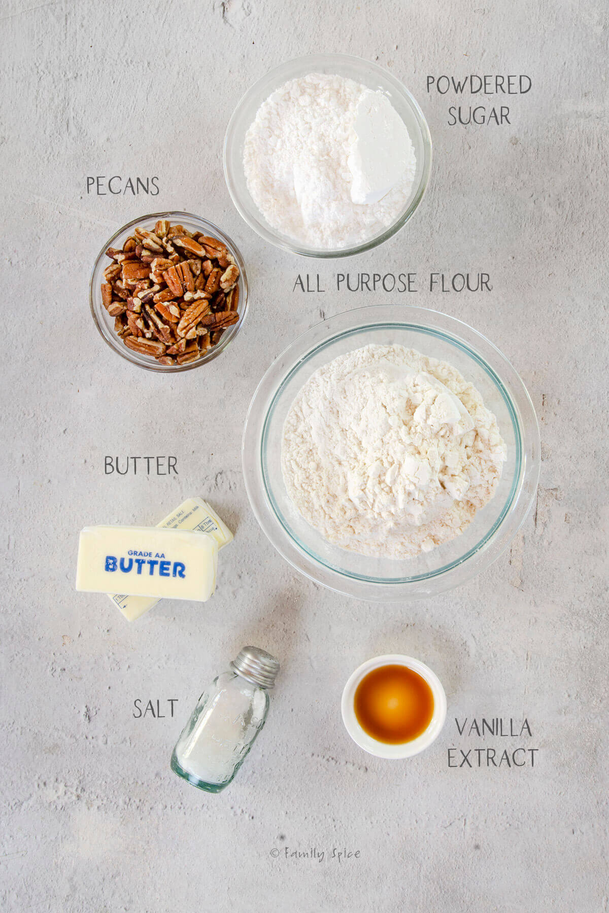 Ingredients labeled and needed to make sand tarts
