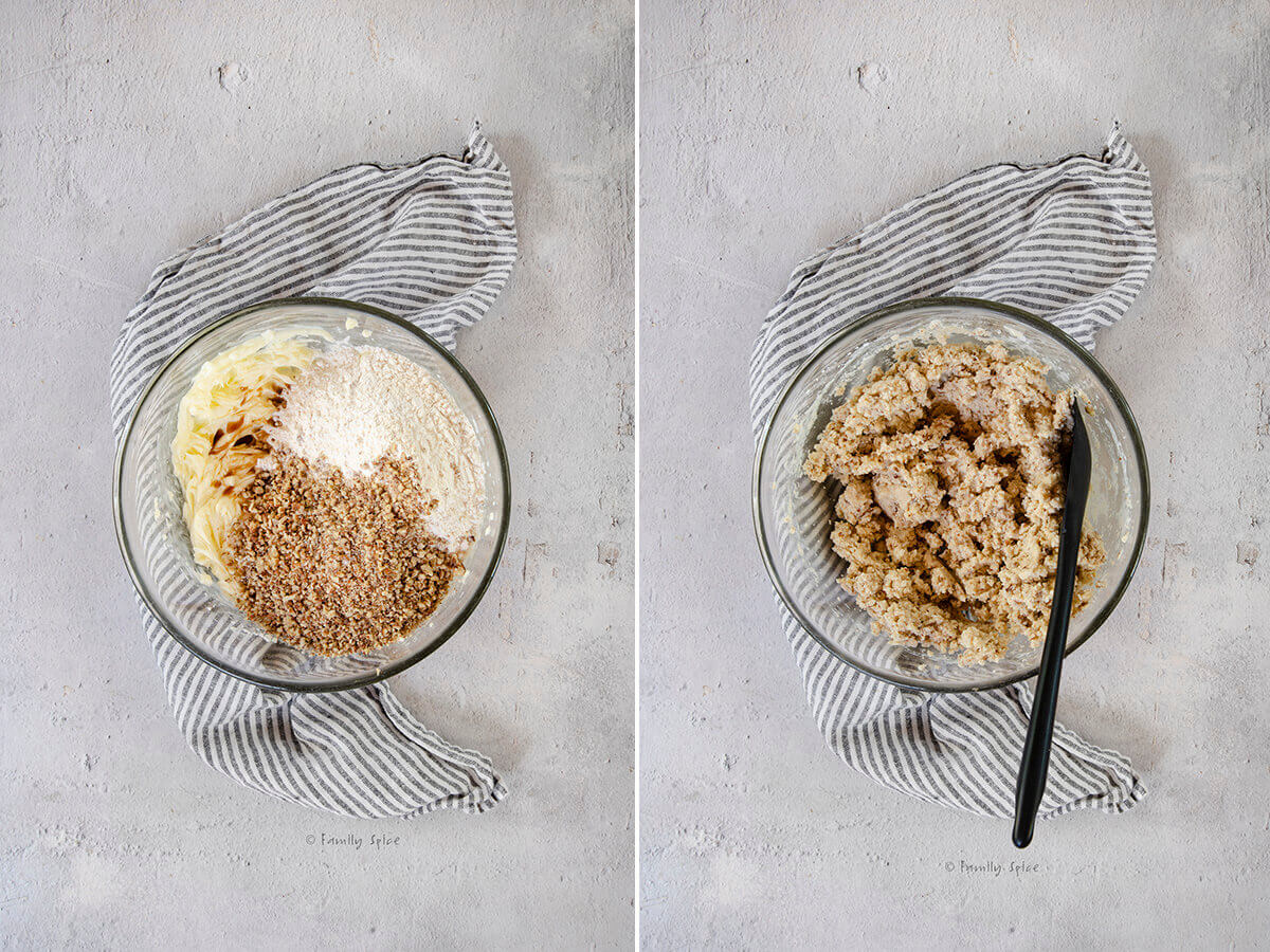 Collage of two pictures: one showing creamed butter with dry ingredients before and after it is mixed