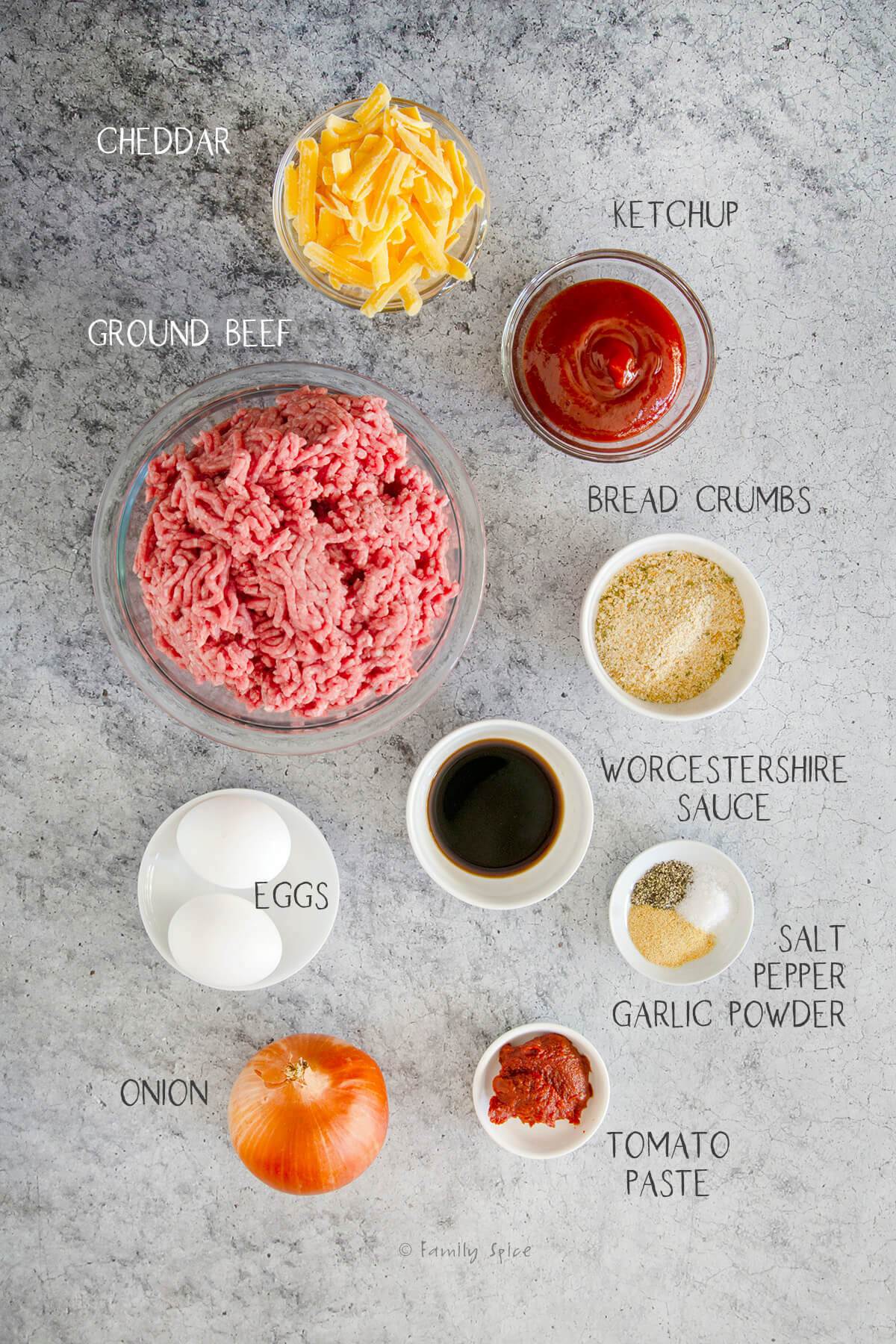 Ingredients labeled needed to make cheeseburger meatloaf