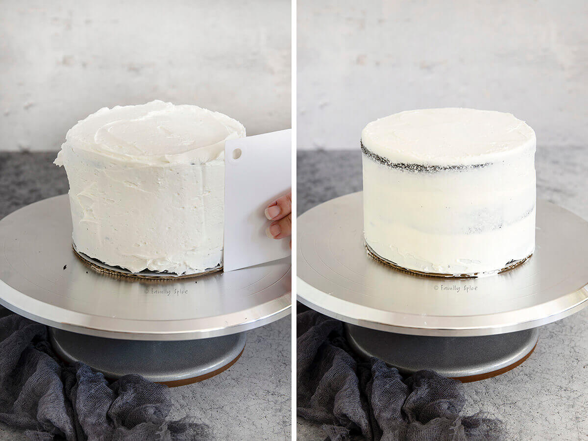 Side view of two pictures showing a cake frosted in white and a cake getting smoothed with a cake scraper