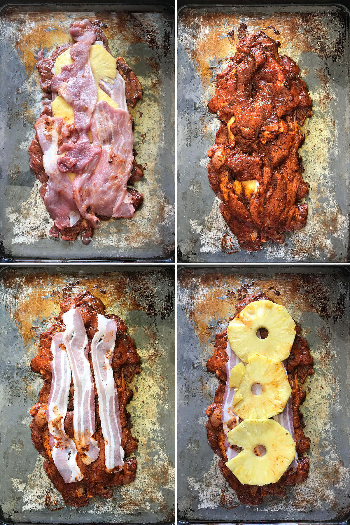 Collage of assembling layers of meat, bacon and pineapple for adobada tacos