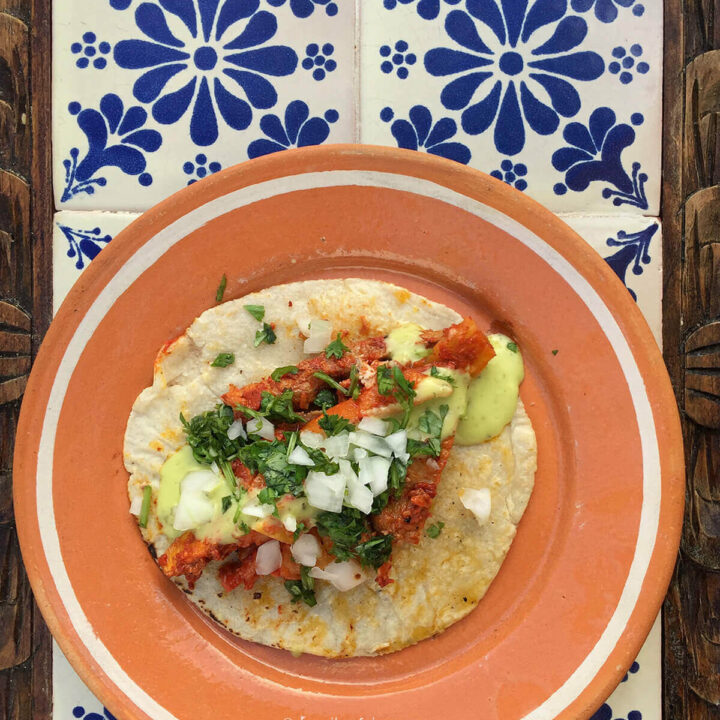 Top view of a plate with adobada tacos