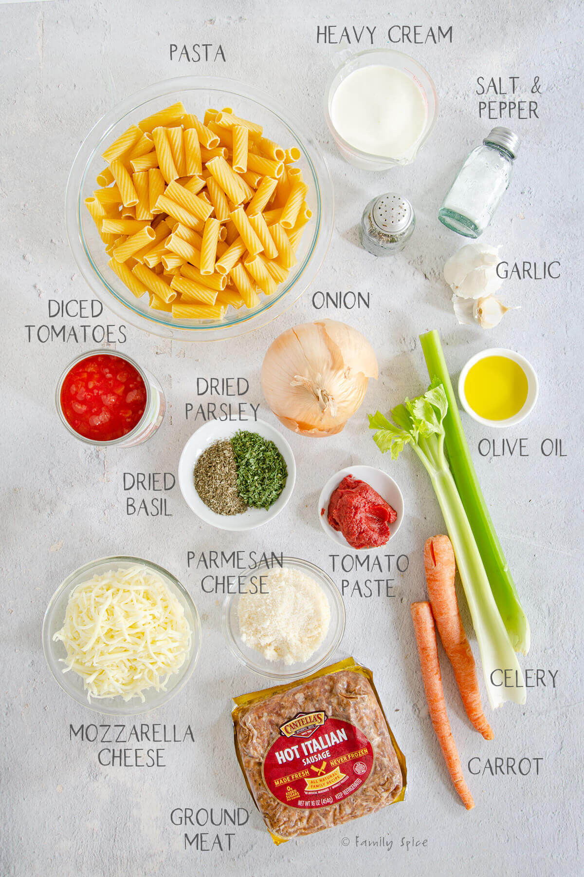 Ingredients labeled and needed to make bolognese pasta bake