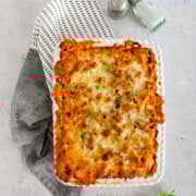 Top view of a casserole dish with bolognese pasta bake