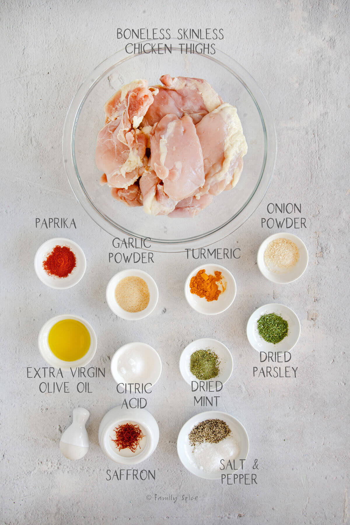 Ingredients labeled and needed to make dry rub chicken kebab