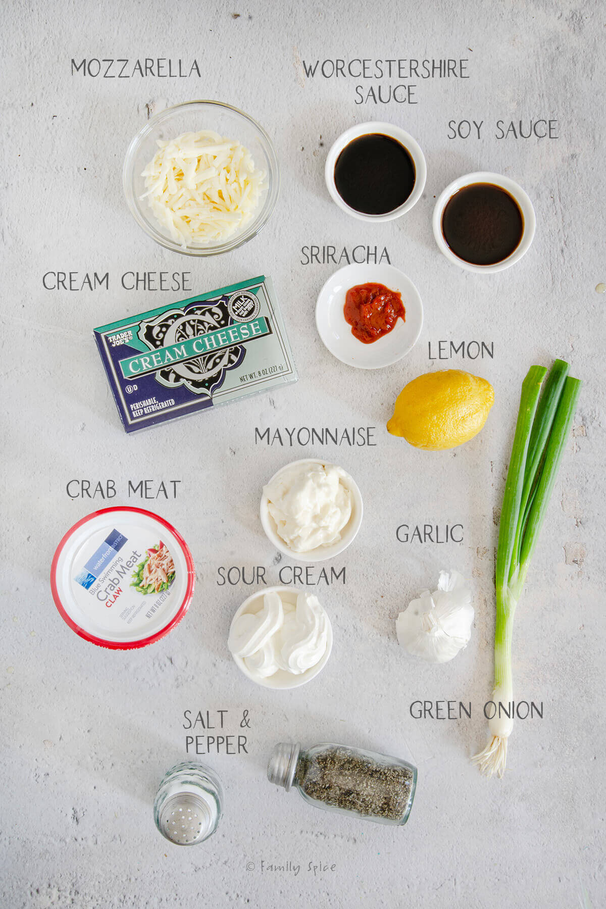 Ingredients labeled and needed to make hot crab rangoon dip