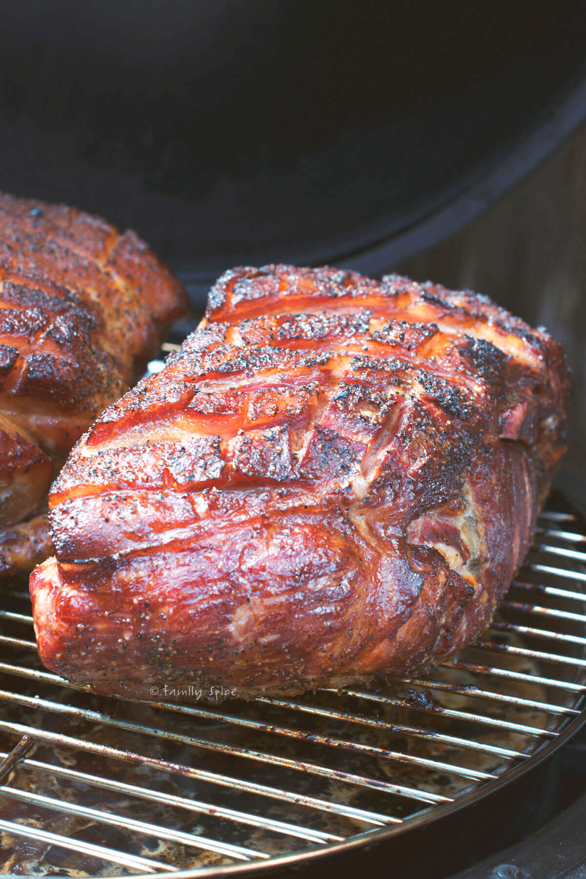 Two pork butts smoking on a grill