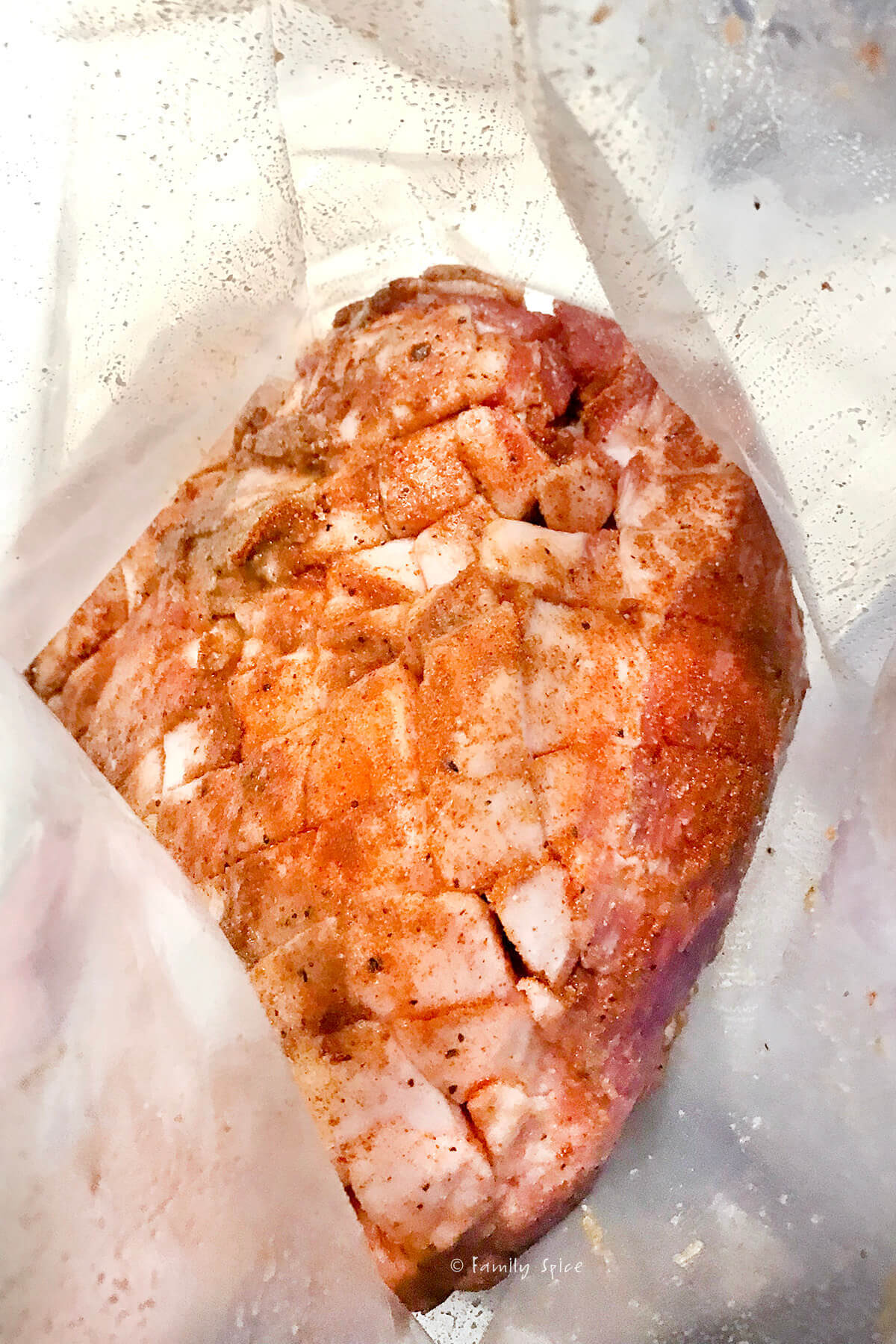 A pork butt, fat scored, seasoned all over and in a large plastic resealable bag