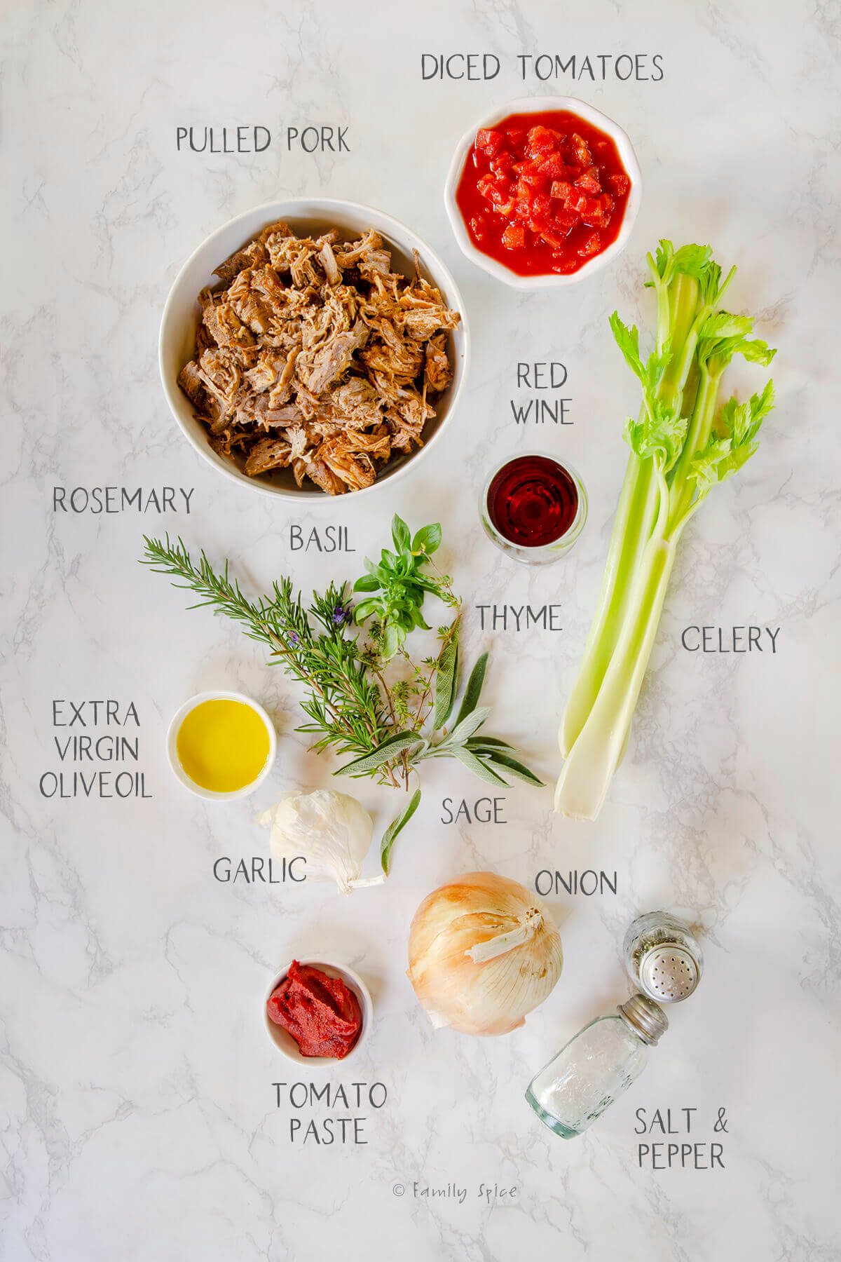 Ingredients labeled and needed to make pulled pork ragu