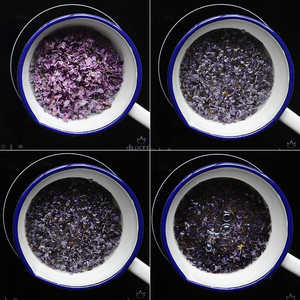 Collage of 4 photos showing the process of making lilac syrup