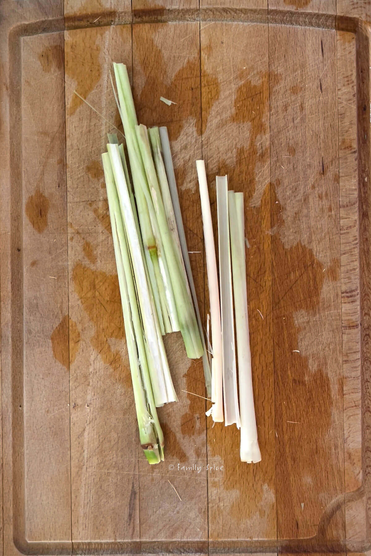Lemongrass cut in strips on a cutting board