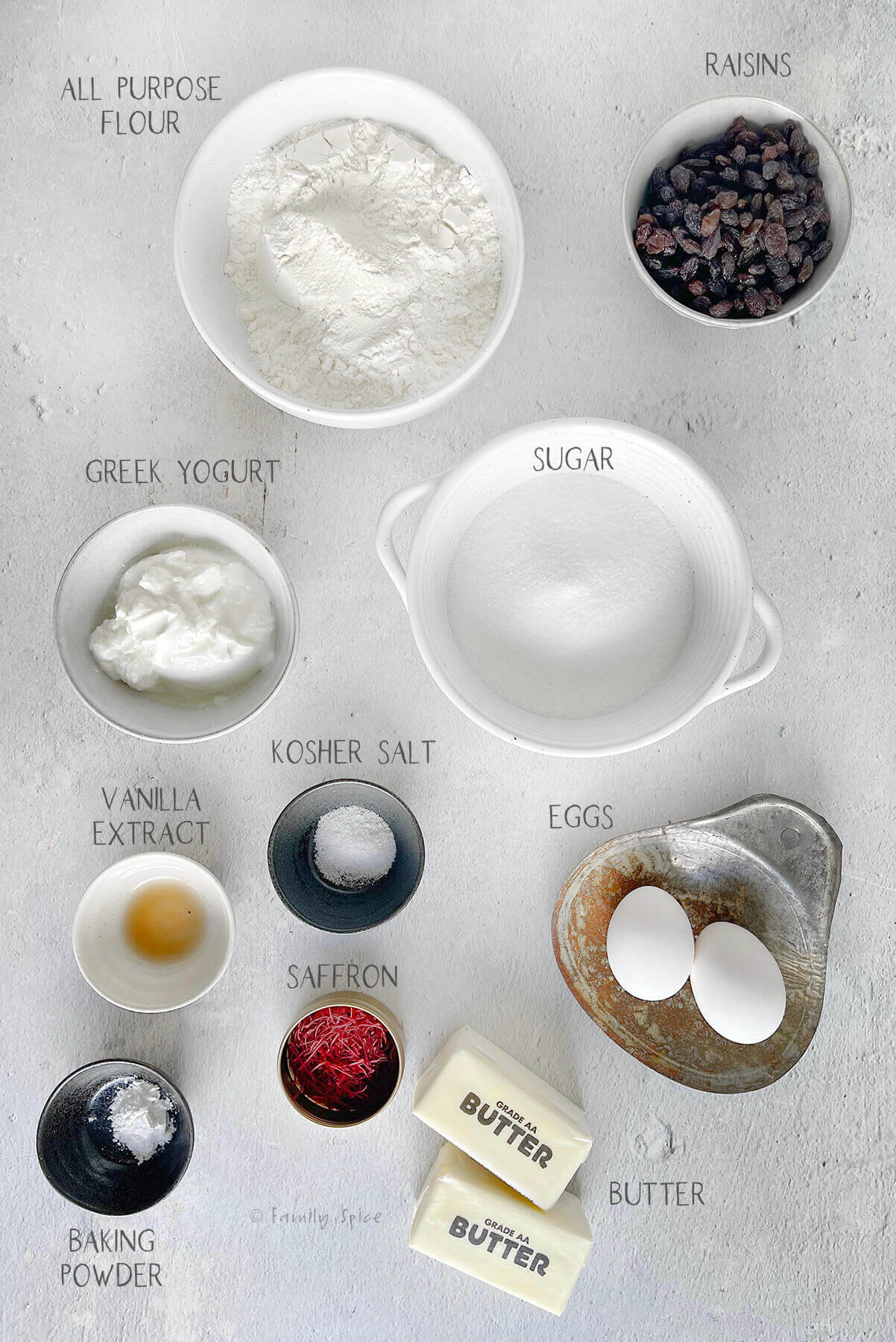 Ingredients labeled and needed to make saffron cake with raisins