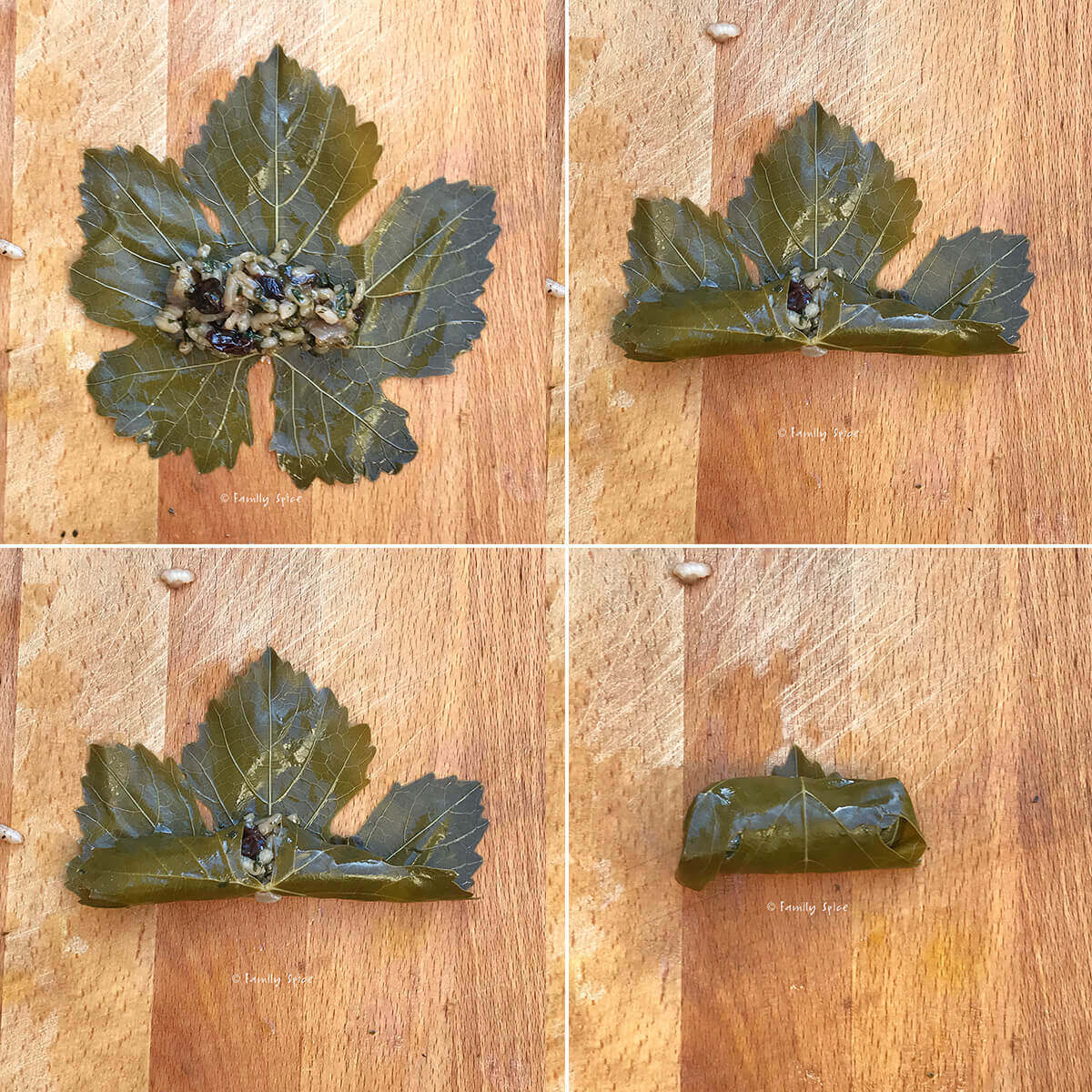 A collage of 4 images showing how to stuff and roll dolmeh, stuffed grape leaves