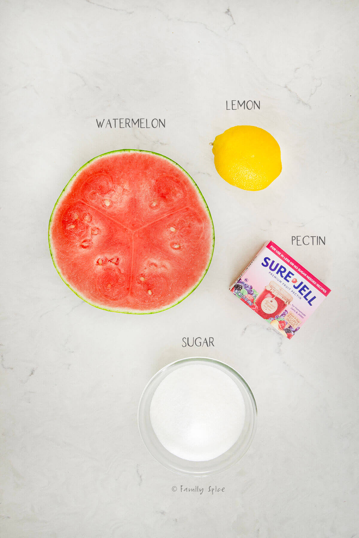 Ingredients labeled and needed to make watermelon jelly