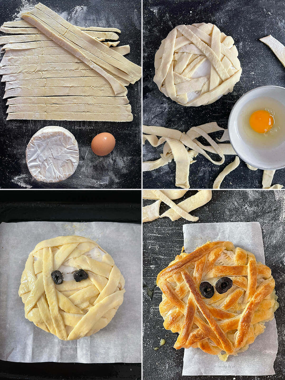 Collage of four images showing how to make a mummy baked brie