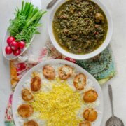 Pinterest image for ghormeh sabzi (herb stew) with Persian rice