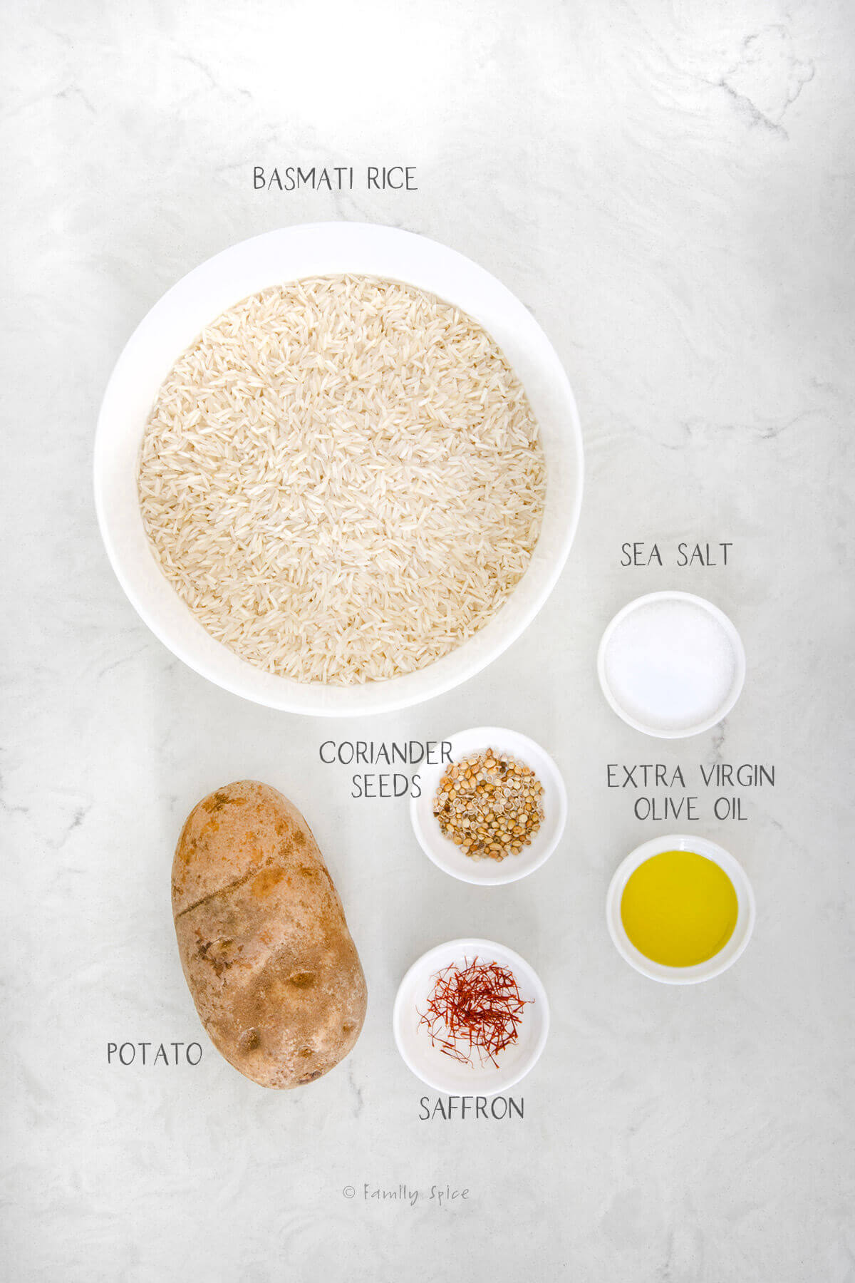 Ingredients labeled and needed to make Persian rice with potato tahdig