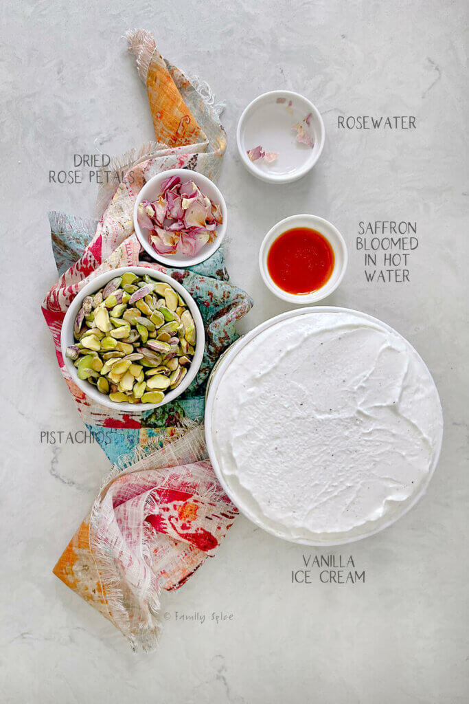 Ingredients needed and labeled to make Persian saffron ice cream (bastani)