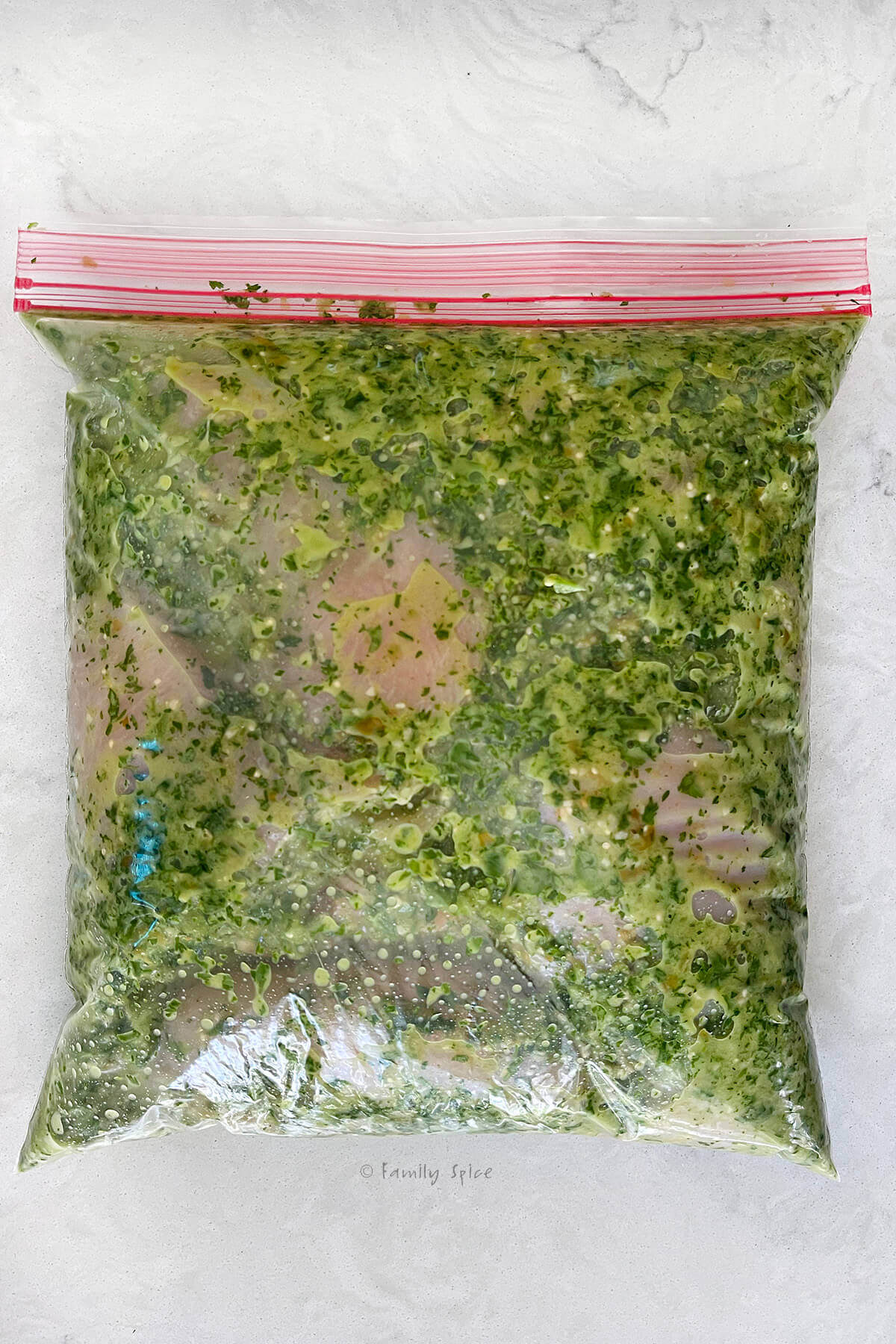 A large resealable bag closed with raw chicken breast with chile verde marinade mixed together