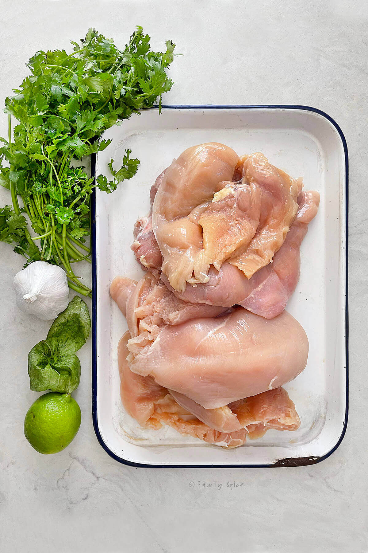 Raw chicken breasts split open on a white enamel tray with cilantro, garlic and lime next to it