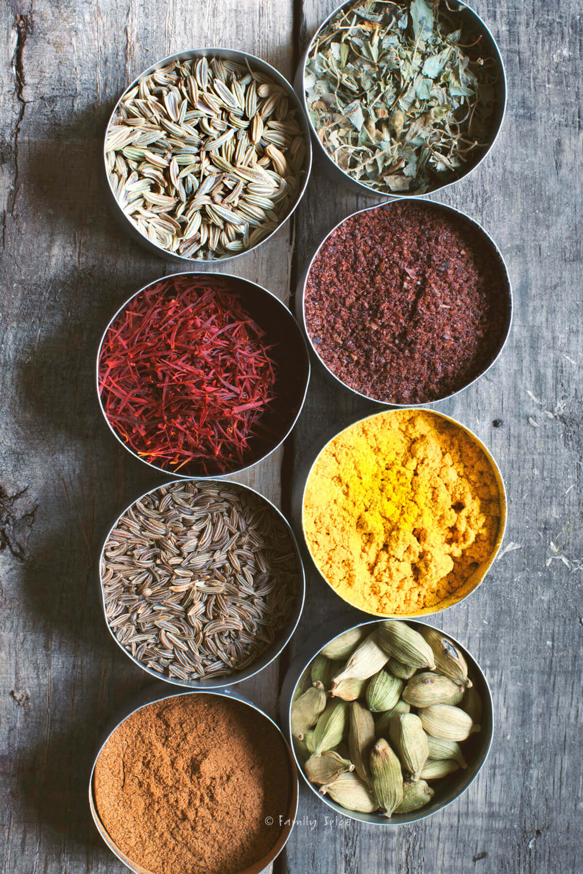 A variety of brightly colored spices used in Persian recipes