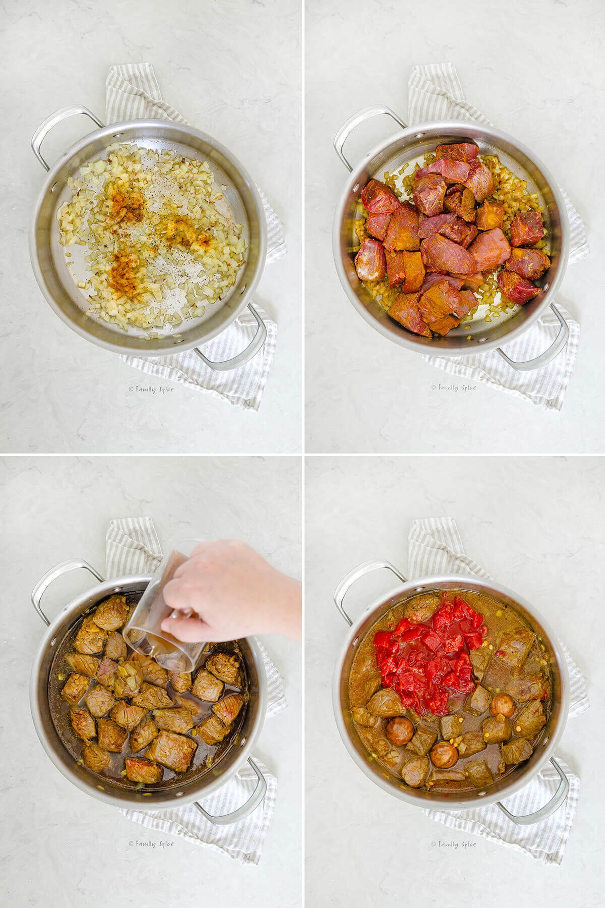 Collage of four pictures showing how to make  the base for Persian eggplant stew, khoresh bademjan.
