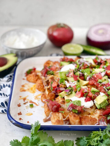 Side view of tachos topped with pulled pork, cheese, pico de gallo, sour cream and avocados.