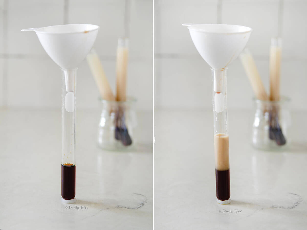 Collage of two photos showing how to make B52 drinks.