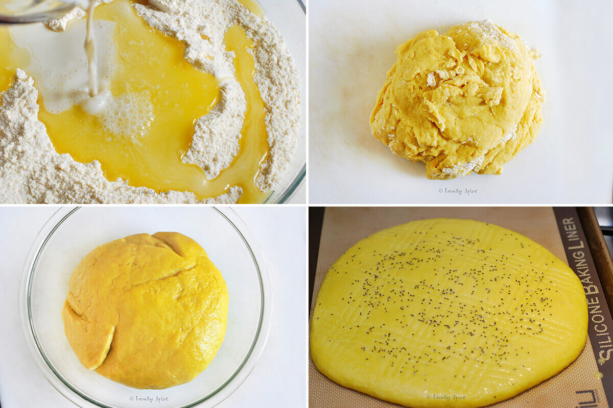 Collage of four pictures showing how to make Sweet Milk Bread (shirin chorek).